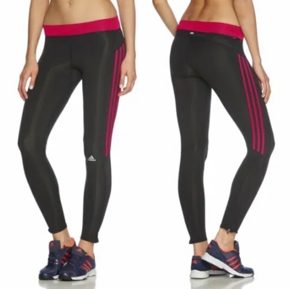 adidas Response Long Tights Leggings in Black & Vivid Berry Stripe